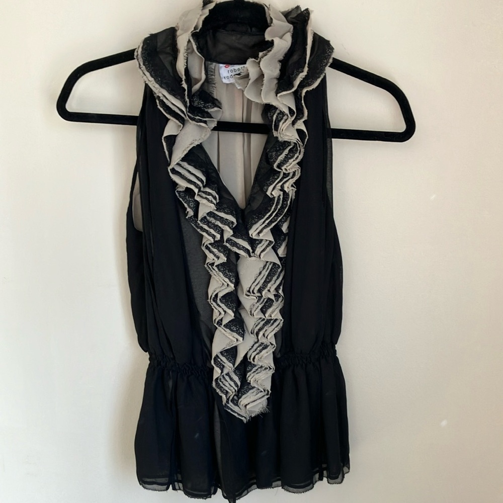Robert Rodriguez Black Sleeveless Ruffled Bib Collar Blouse